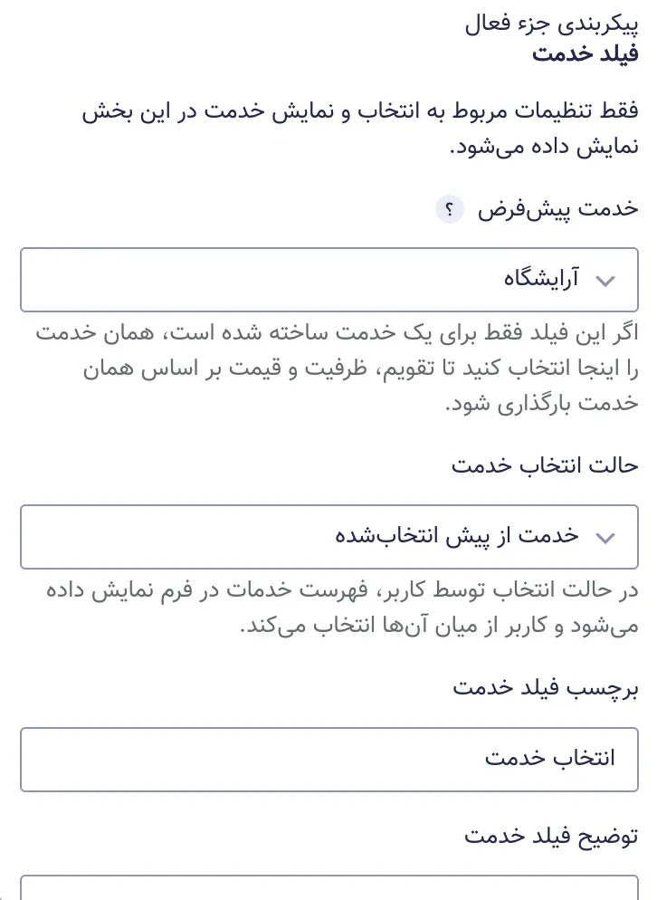پنل تنظیمات جزء خدمت در فیلد بوکلیو با گزینه‌های خدمت پیش‌فرض، انتخاب دستی یا خودکار خدمت و محدودکردن خدمات قابل نمایش.